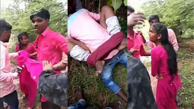 Indian Lovers hiding in jungle caught by village people & fucks